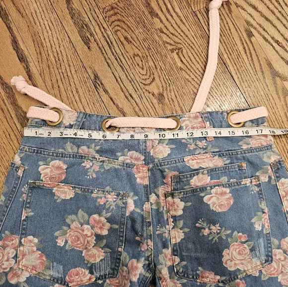 Bibi Washed Floral Denim Wide Leg Pants with Pink Accents - Picture 5 of 7